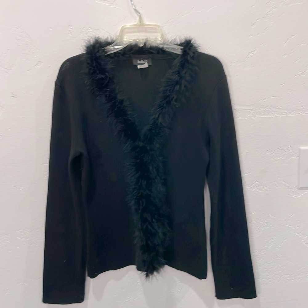 Size M 6-8 black sweater with featherer collar down to bottom of sweaterer